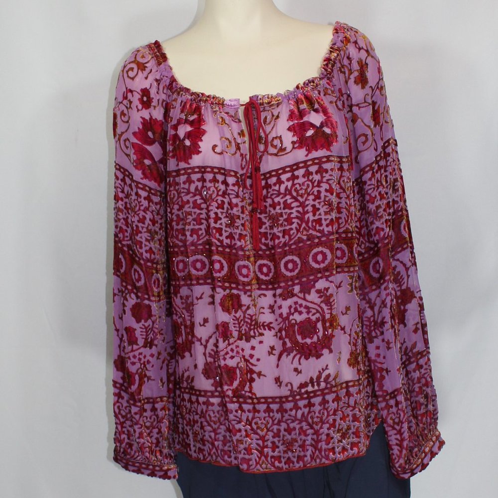 Hale Bob  floral velvet burnout top scoop neckline tie front balloon sleeve Sz L
